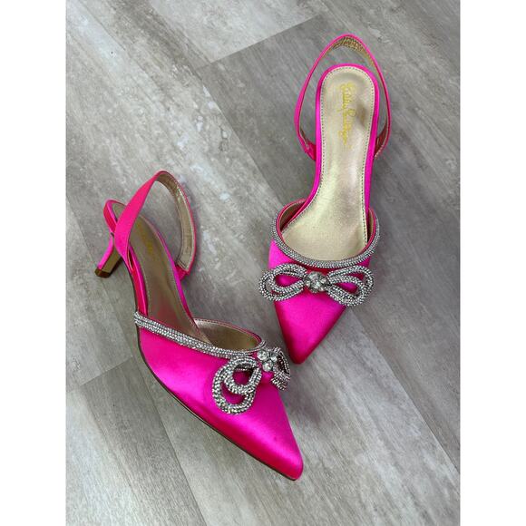 Lilly Pulitzer Cerise Pink Ryley Slingback Pump Jewel Bow Kitten Heels Size 7.5 - Picture 2 of 12